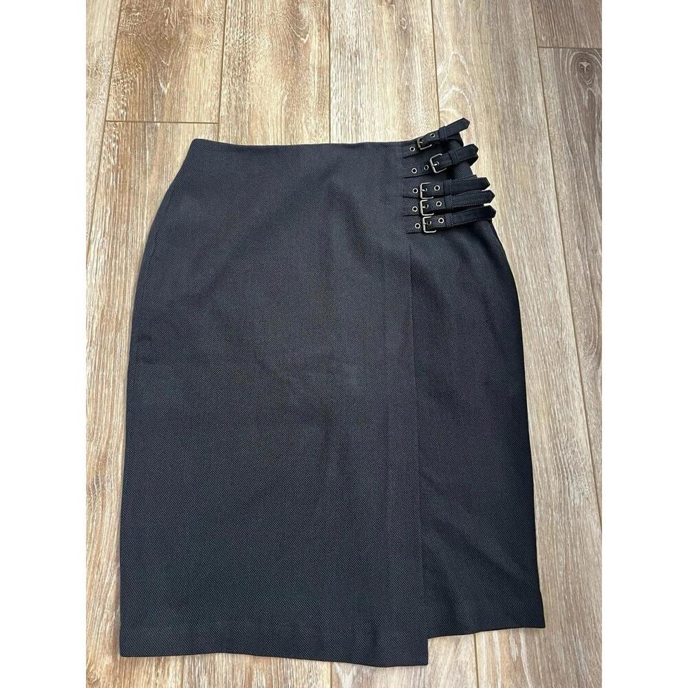 Worthington Wrap Pencil Skirt Side Buckles Women’s 14 Blue Black Lined Career(A2